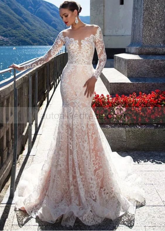 Long Sleeve Ivory Lace Tulle See Through Back Wedding Dress